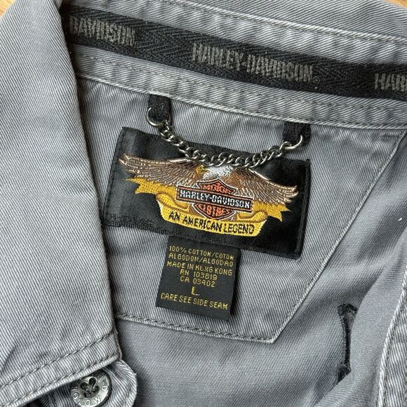 Vtg. Harley Davidson Gray Long Sleeve Button Front Denim Shirt w/Logo Large - Picture 3 of 5